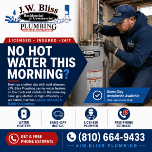 JW Bliss Plumbing technician fixing a water heater after a no-hot-water emergency in [City], MI